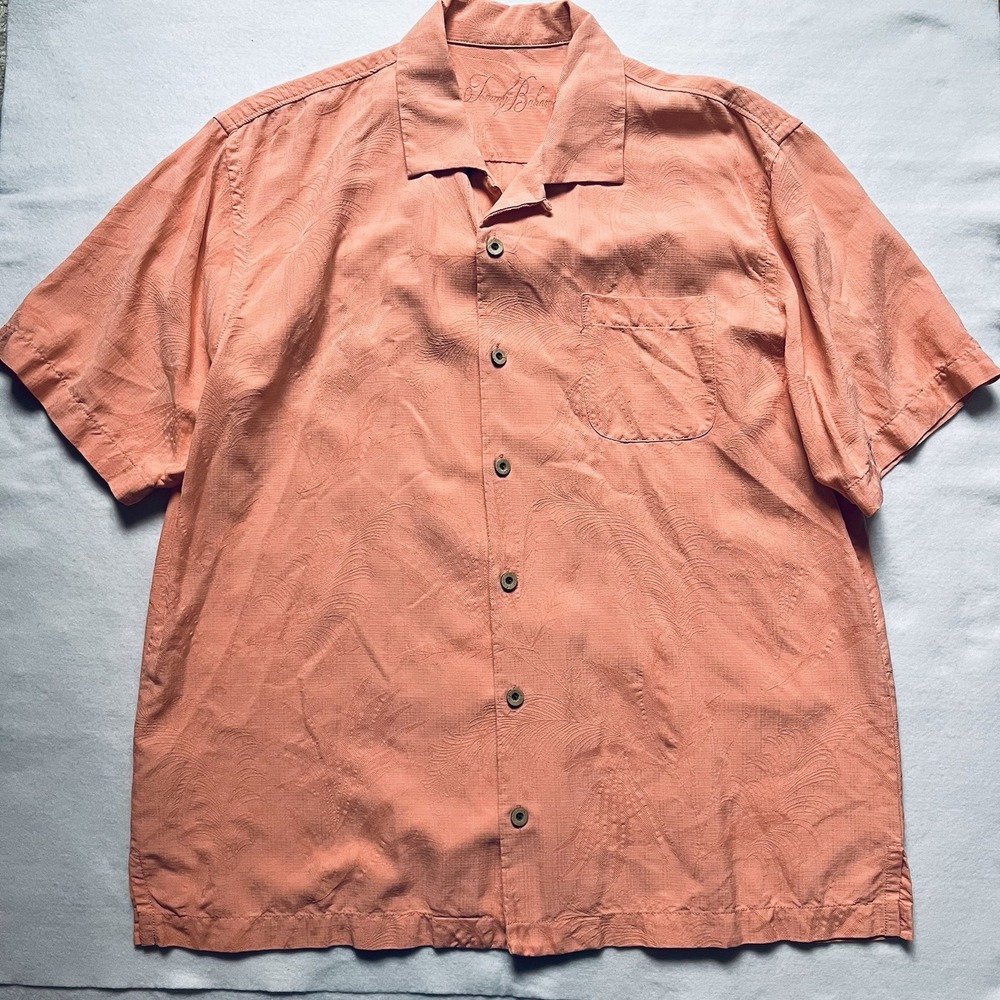 Tommy Bahama Silk Camp Shirt Mens Sz L Floral Embossed Hawaiian Resortwear Coral